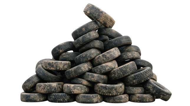 A large stack of old, dirty car tires isolated on transparent background