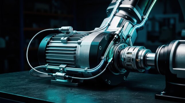 Modern high performance electric motor connected to precision industrial machinery inside a dark workshop