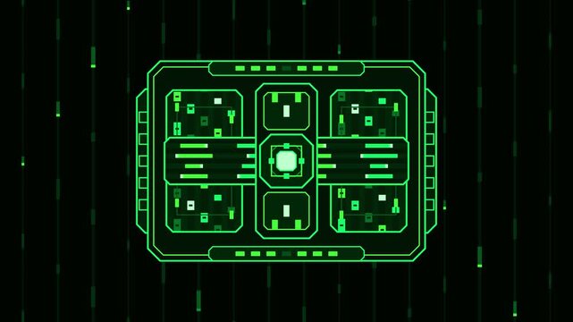 Digital technology screen displays futuristic data processing and metrics
