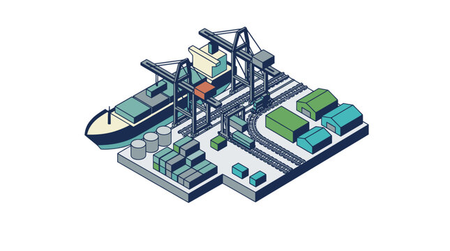 Isometric Cargo Port with Shipping Containers and Cranes for Logistics Design