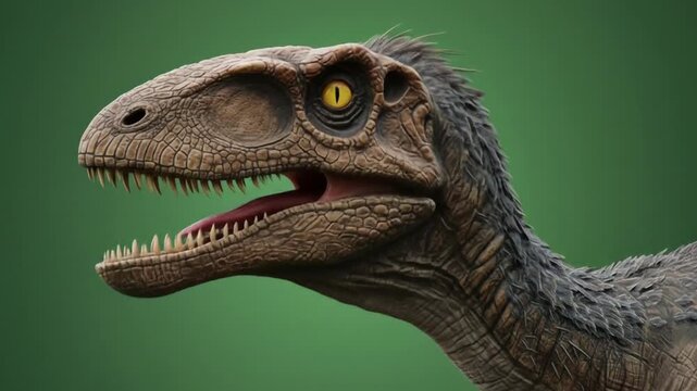 Velociraptor Head Portrait In Lush Green Studio Background.