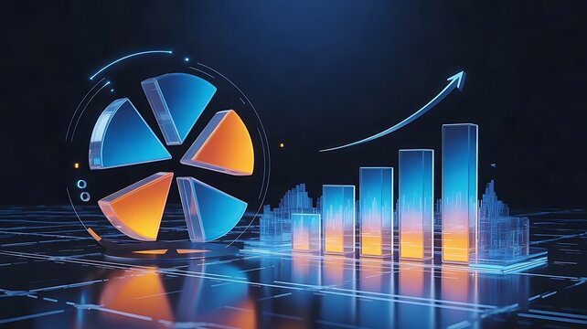 Glowing 3d pie chart and bar graph with an upward trend arrow on a dark digital grid background, representing financial growth, and data analysis