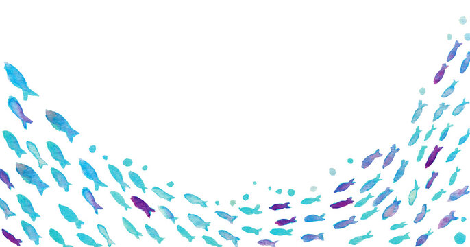 Watercolor underwater fish frame, transparent PNG, tropical ocean border with seaweed, marine life background, copy space / 水彩 海中 魚 フレーム 透過PNG 熱帯魚 海藻 海 洋風 背景素材 コピースペース 魚の群れ