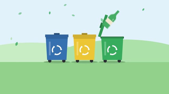 Colourful recycling bins sorting waste with a spinning recycle symbol