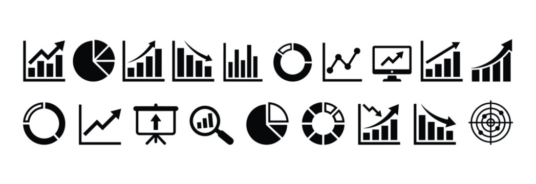 Collection of Business Growth Icons: A comprehensive set of black and white icons depicting various aspects of business growth and analysis, including bar charts, line graphs, pie charts.