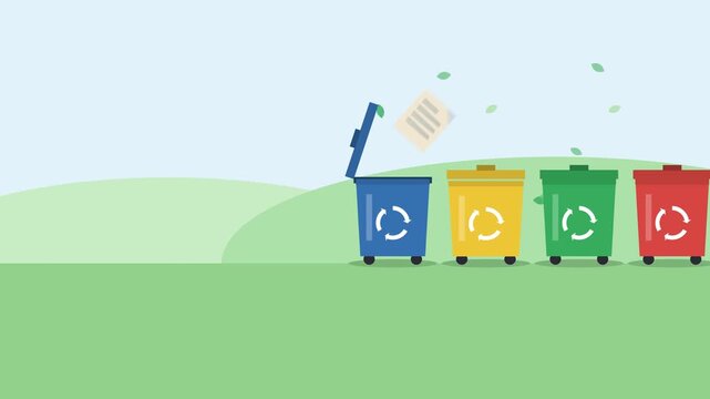 Colourful recycling bins sorting waste with a spinning recycle symbol