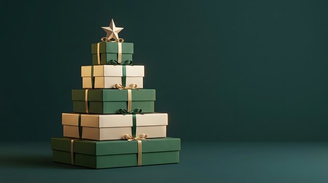 A stack of wrapped gift boxes forms a conical christmas tree shape rendered in a 3d style with a dark teal background