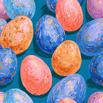 Painted Easter eggs repeat in a seamless pattern on teal. Colorful spring holiday design. Pastel egg motif for wrapping paper, fabric and seasonal crafts.