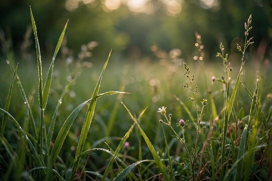 Dewy grass and small wildflowers in a sunlit meadow at sunrise