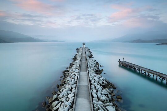 A serene lighthouse at the end of a stone pier extending into calm, misty blue waters during a soft sunrise