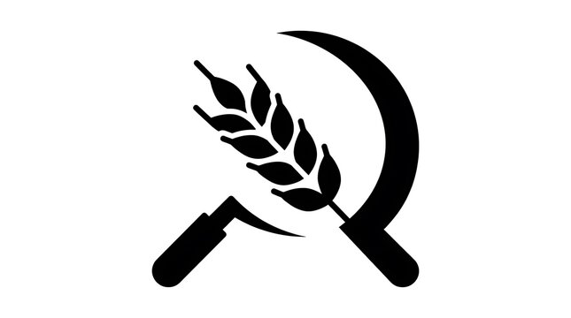 Black sickle and wheat ear icon isolated on a plain white background