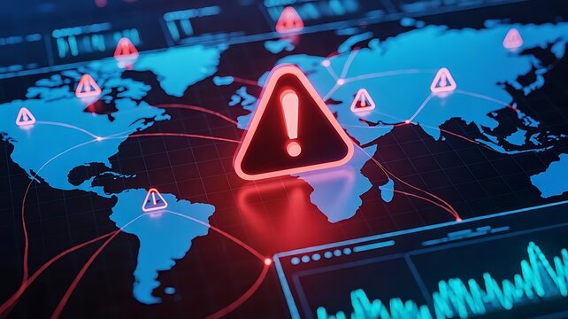 A digital map with glowing red warning triangle and data lines, representing global cyber security threats and network vulnerabilities
