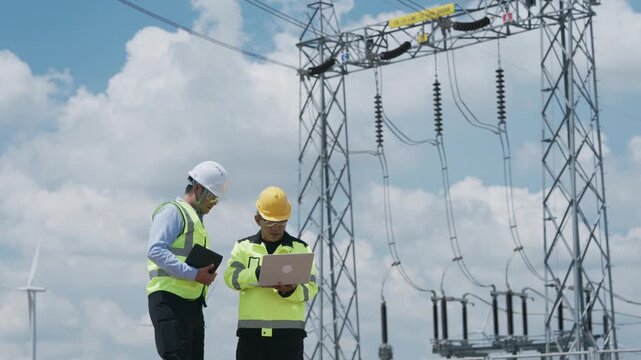 High Voltage Electrical Engineer Inspecting Power Transmission Tower and Line Equipment with Laptop Under Cloudy Sky, Supporting Safe Electricity Infrastructure Maintenance and Teamwork
