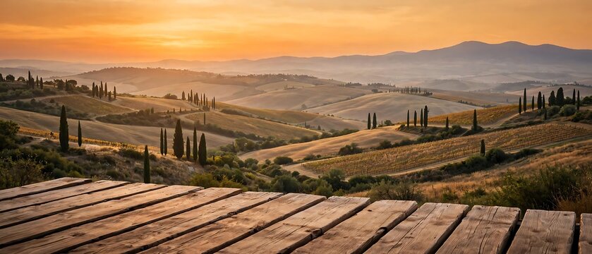 Stunning sunset over the rolling hills and vineyards of tuscany, italy