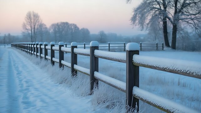 Snowy wooden fence line in a rural landscape during a cold winter morning with frost covered trees and a soft light horizon in the background view
