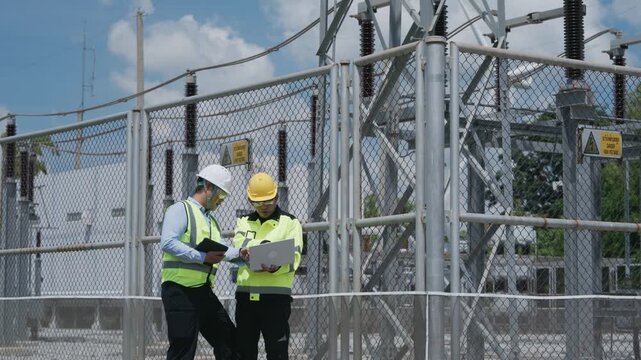 High Voltage Substation Inspection by Electrical Engineer and Technician Wearing Helmet, Hard Hat, Protective Clothing Behind Safety Fence During Utility Maintenance Work