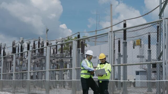 Electrical Substation Engineer and Electrician Equipment Inspection Behind Safety Fence at High Voltage Utility Power Facility Under Cloudy Blue Sky conditions