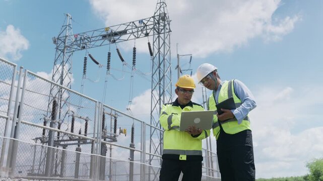 High Voltage Engineer and Technician Electrical Substation Equipment Inspection with Laptop Data Review at Power Infrastructure Facility Beneath Transmission Tower and Blue Sky