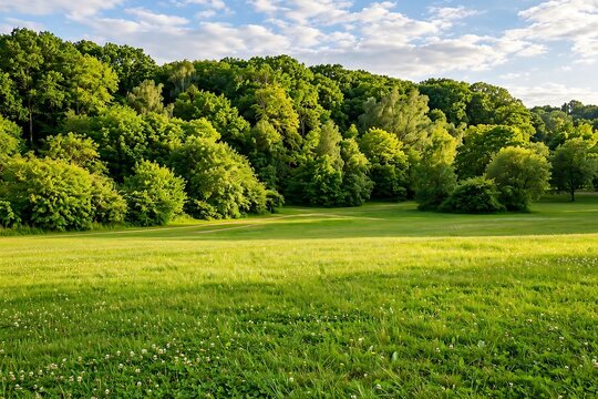 Lush green meadow with wildflowers and a dense forest edge under a blue sky with soft clouds in summer