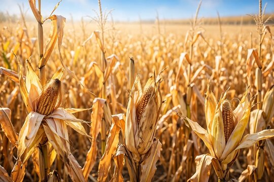 Ripe corn cobs in a field during harvest season, golden stalks under a bright blue sky