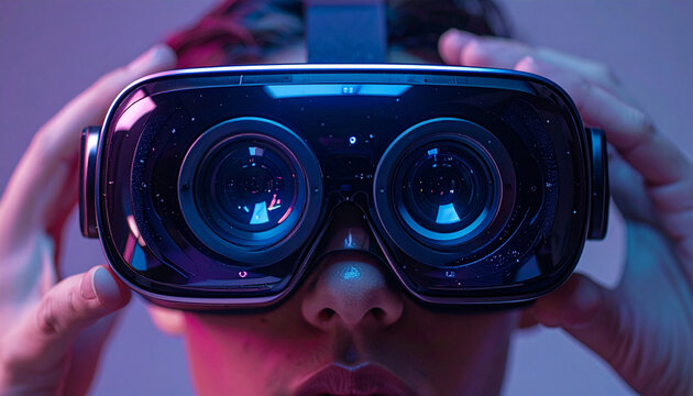 Virtual Reality Immersion: A close-up shot showcases a person adjusting a virtual reality headset, with vibrant blue and pink light reflecting off the lenses.