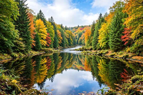 Stunning autumn landscape with a calm river reflecting colorful trees and a cloudy blue sky in the forest