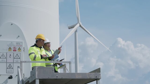 Wind turbine technician inspecting electrical equipment elevated platform beside high voltage tower beneath blue sky and cloud, advancing renewable energy maintenance, engineering safety procedures