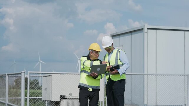 Engineer Worker Discussion Renewable Energy Wind Turbine Industrial Building Safety Helmet Reflective Vest Tablet Technology Maintenance Project Under Blue Sky and Cloudy Conditions