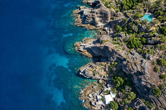 Aerial view of dramatic rocky coastline with turquoise water and a luxury villa with pool in the caribbean