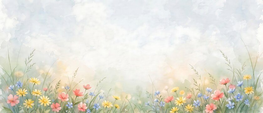 Watercolor illustration of a meadow with wildflowers and soft pastel sky background