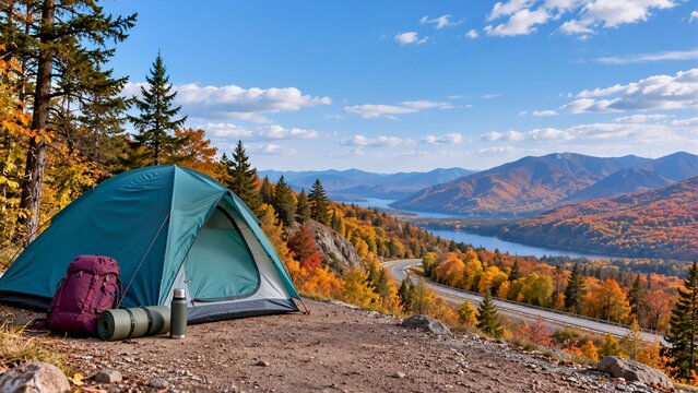 Camping tent and backpack on a mountain overlook beside a scenic autumn highway. Fall road trip and wilderness camping landscape