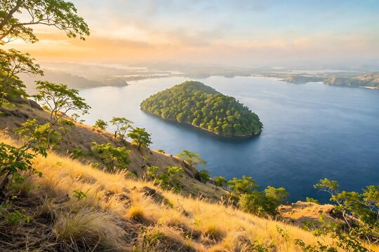 Stunning sunset view over the tropical islands and blue ocean in komodo national park, indonesia