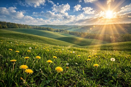 Sunlit rolling hills landscape with blooming yellow dandelions in a lush green meadow during a beautiful spring sunset
