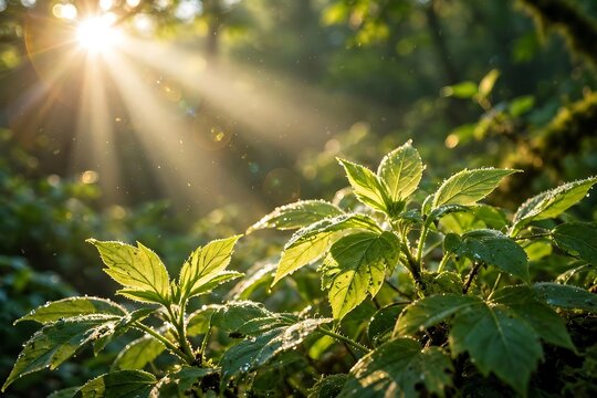 Sunlight streaming through lush green forest leaves with morning dew drops