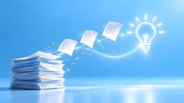Conceptual illustration of paper documents and files transforming into a glowing light bulb icon on a blue background, representing big data analysis, creative innovation, and business insight.