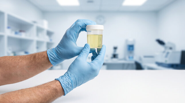Urology. Man Urine Screening in medical laboratory