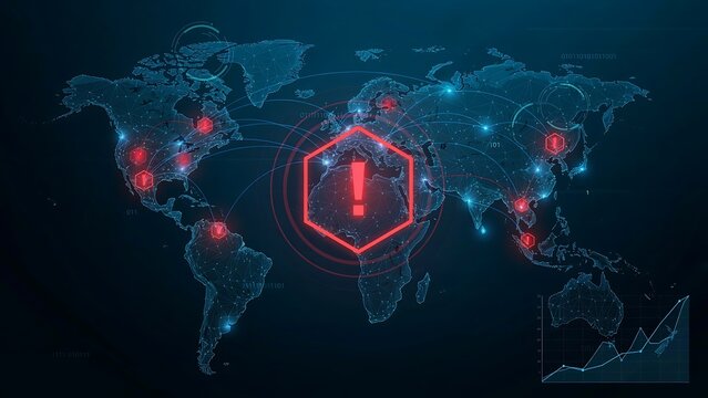 Digital map visualization showing cyber security alerts and network connections with a central warning sign representing global data threats