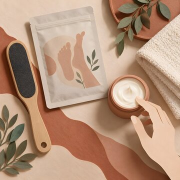 oot Care Routine with Heel File and Moisturizing Cream in Paper Art Style