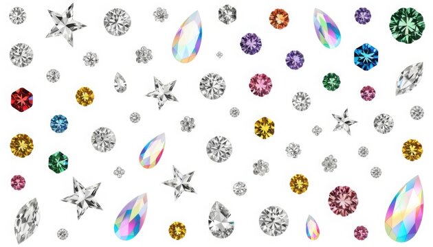 Loose assorted clear and colorful shiny rhinestones and crystals in various shapes and sizes for jewelry making and craft projects.
