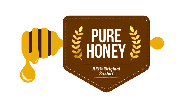 Pure honey label design. Honey dipper with ribbon shield premium concept. For icon, logo, sticker, badge, sign, symbol, seal, banner, emblem, stamp, tag, award, insignia. Vector Illustration