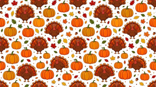 Seamless Thanksgiving pattern featuring cute turkeys and vibrant orange pumpkins with colorful autumn leaves