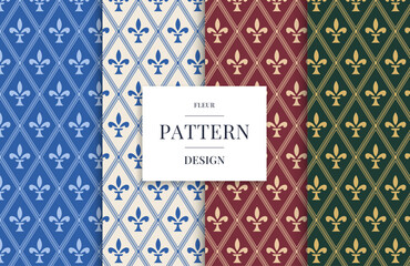 Fleur de lis seamless pattern set with diamond lattice in four colors © Daria