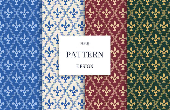 Fleur de lis seamless pattern set with diamond lattice in four colors