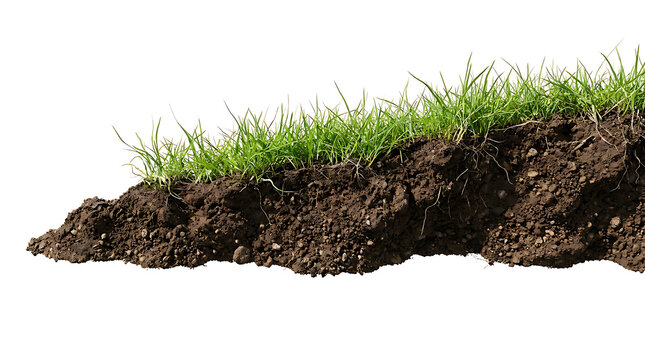 Cross-section of grass and soil on white background
