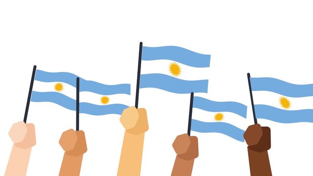 Argentina flags waving in wind held by diverse hands Argentinian national celebration animation white background