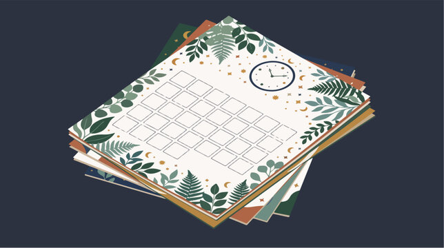 Botanical calendar vector design with stack of monthly pages featuring floral illustrations and clock