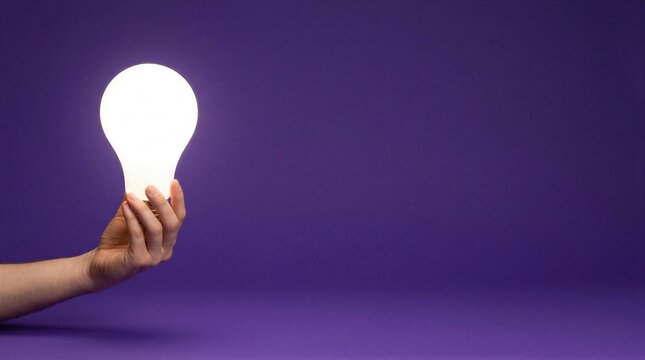 Hand holding a glowing light bulb against a purple background. Bright illuminated lamp with copy space. Creative idea and innovation concept. Inspiration, solution and energy.