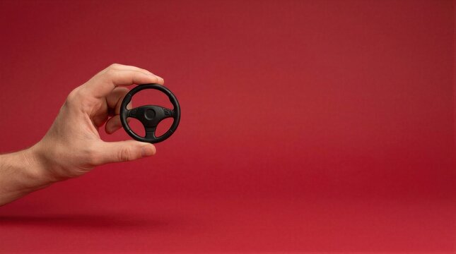 Hand holding small toy steering wheel on red background with copy space. Driving control and vehicle ownership concept. Car rental, driver training and automotive choice.