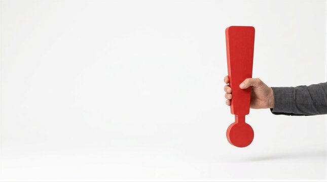 Hand holding red exclamation mark on plain white background. Punctuation symbol raised in alert gesture. Attention, warning and urgency concept. Announcement, emphasis and copy space.