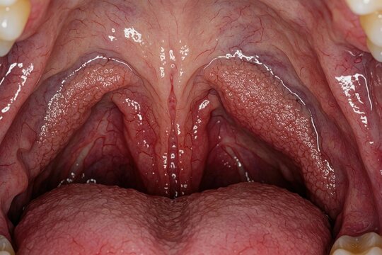 Macro view inside human mouth showing open throat, tonsils. Red soft palate, uvula visible in oral cavity. Close up of throat anatomy for medical exam check up of tonsillitis infection, sore throat